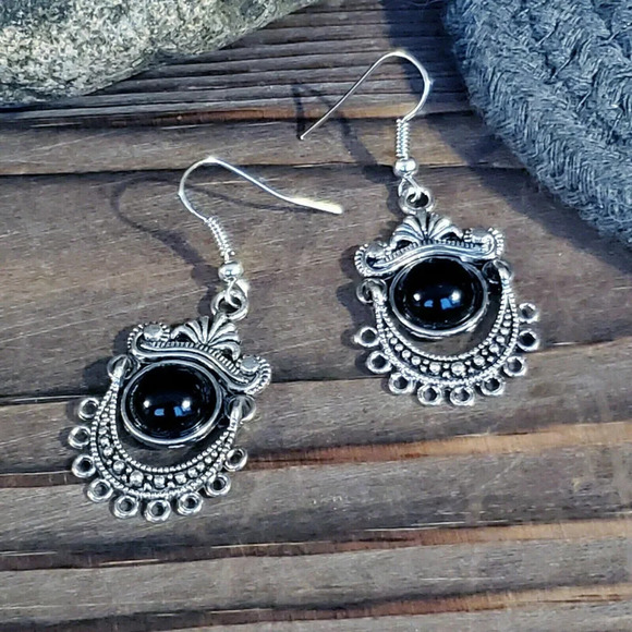 Hand Crafted Antique Silver Plated Black Porcelain Stone Dangle Earrings - Picture 7 of 8